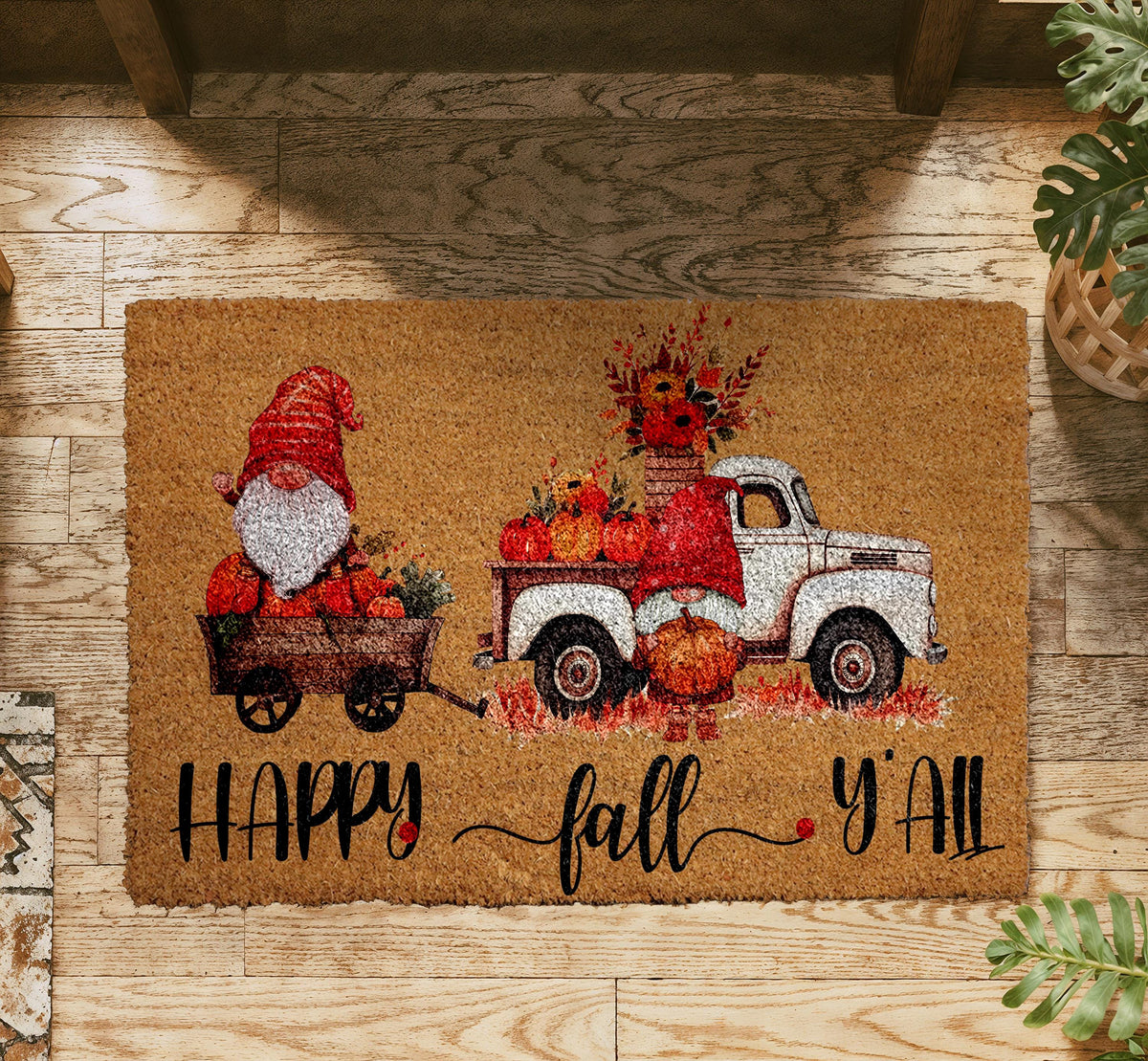 Happy Fall Y'all Doormat, Gnome Fall Welcome Mat, Gnome Pumpkin Home Entrance Mat