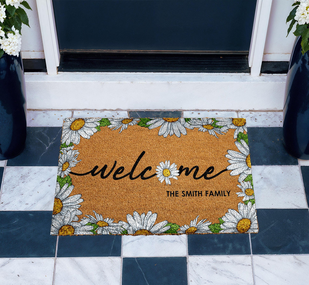 Personalized Daisy Welcome Doormat, Custom Family Name Home Entrance Decor