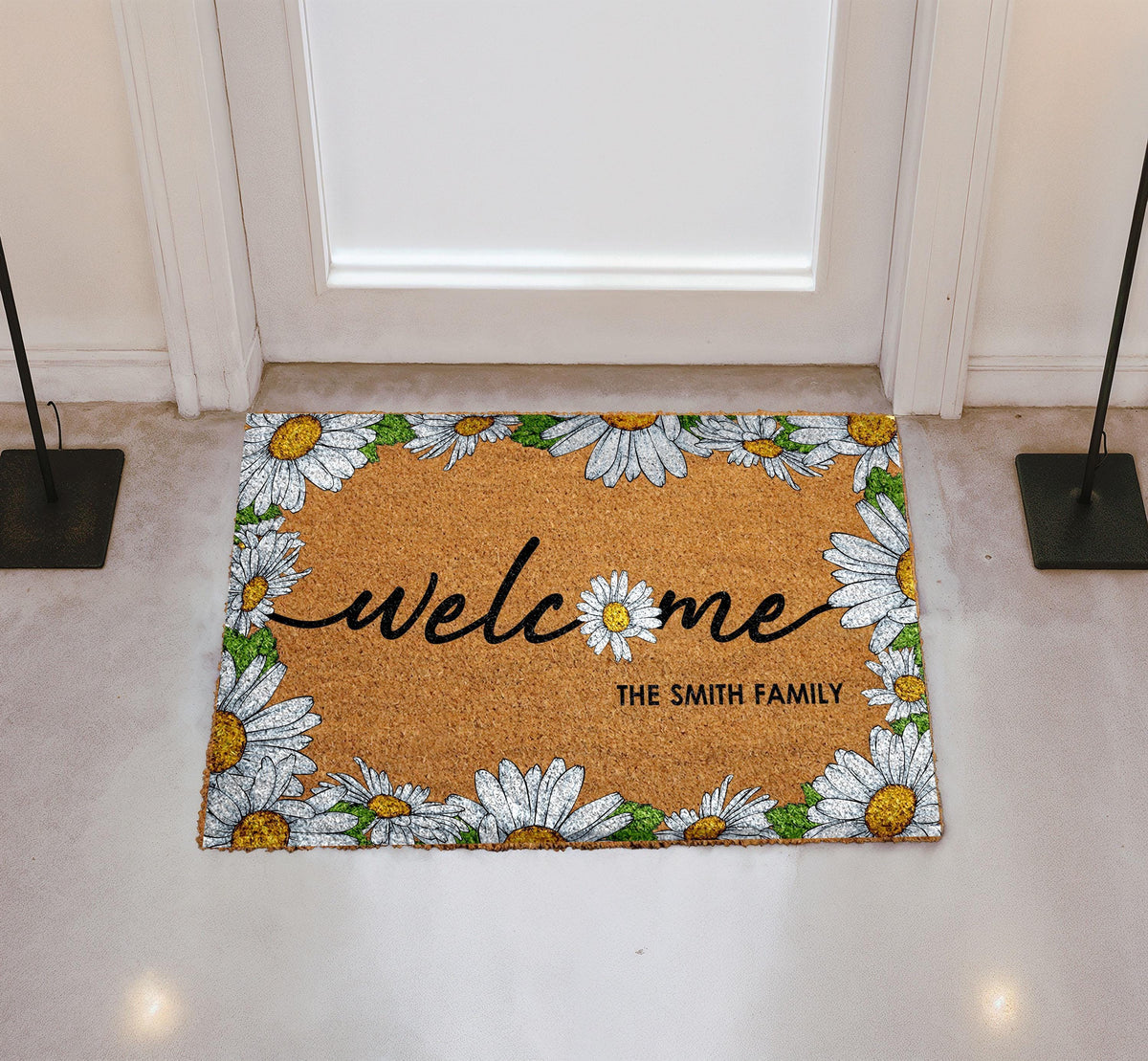 Personalized Daisy Welcome Doormat, Custom Family Name Home Entrance Decor