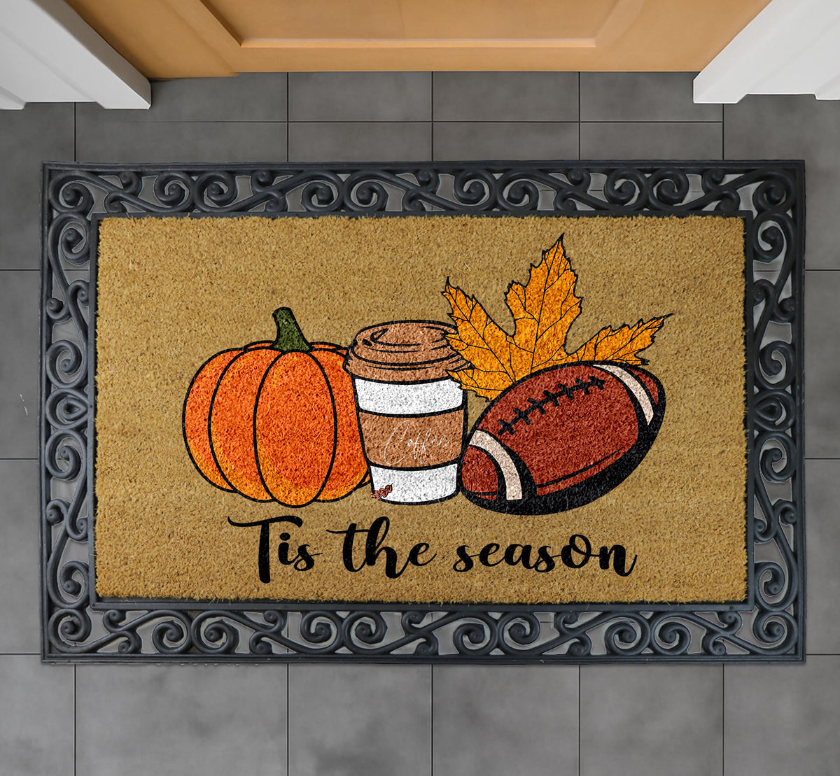 Tis The Season Doormat, Cozy Autumn Welcome Mat, Pumpkin Coffee Football Mat, Fall Porch Decor