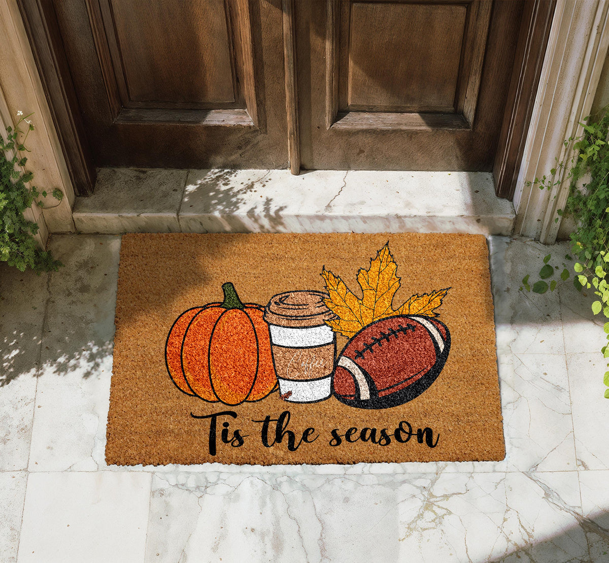 Tis The Season Doormat, Cozy Autumn Welcome Mat, Pumpkin Coffee Football Mat, Fall Porch Decor