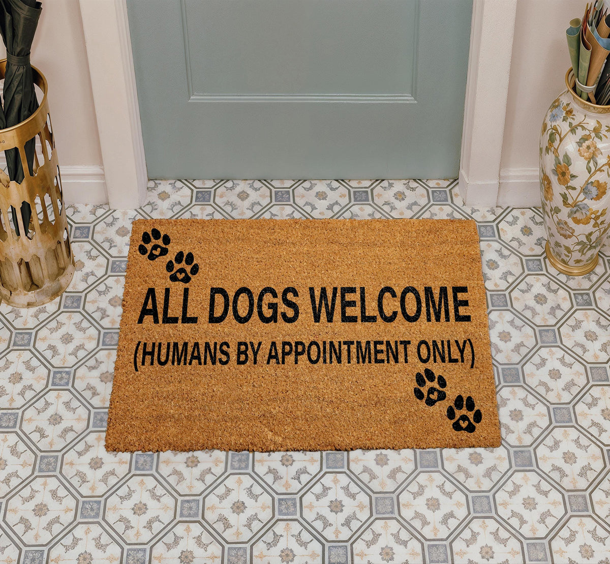 All Dogs Welcome Door Mat, Funny Dog Lover Door Mat, Pet Owner Gift, Dog Paw Print Doormat
