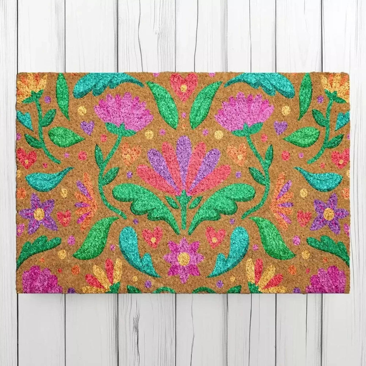 Floral Welcome Mat: Bright Bohemian Design - Natural Coir Fiber
