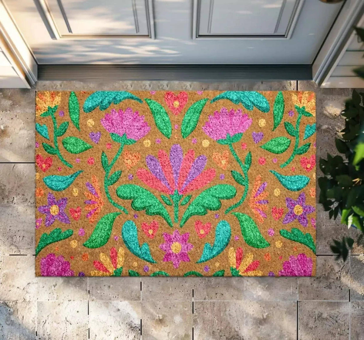 Floral Welcome Mat: Bright Bohemian Design - Natural Coir Fiber