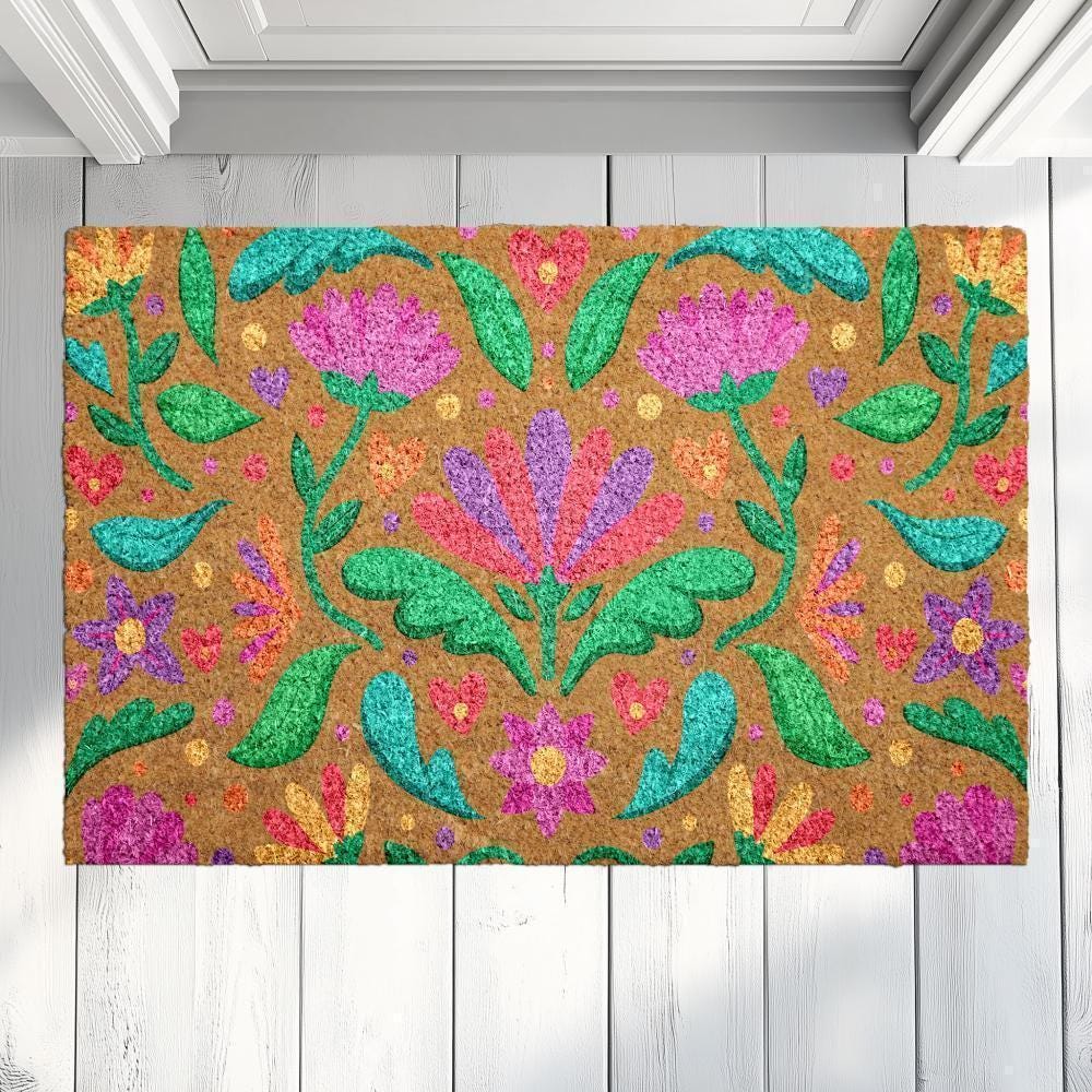Floral Welcome Mat: Bright Bohemian Design - Natural Coir Fiber