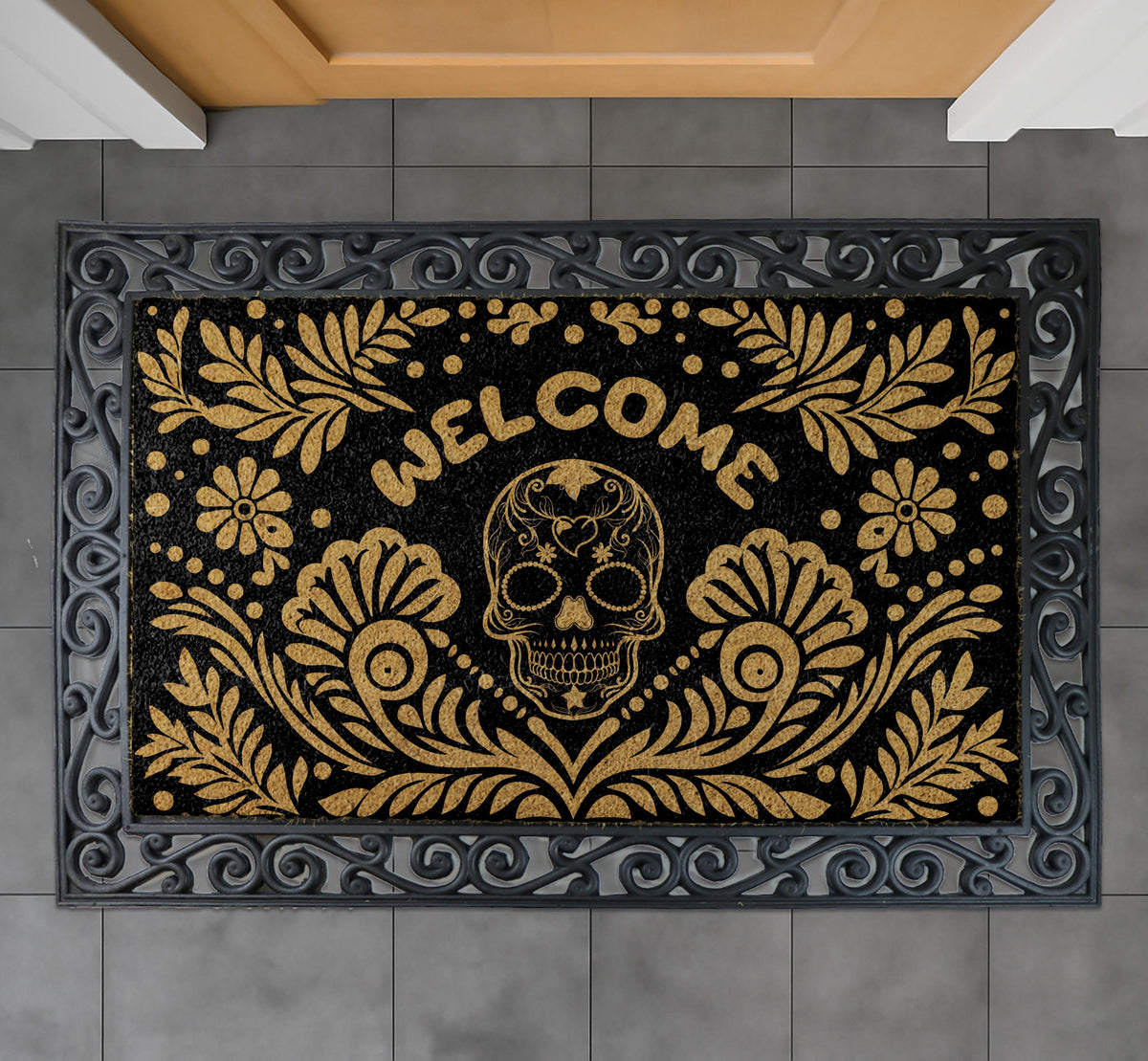 Gothic Halloween Door Mat, Sugar Skull Home Decor, Skeleton Gothic Floral Skull Front Porch Rug