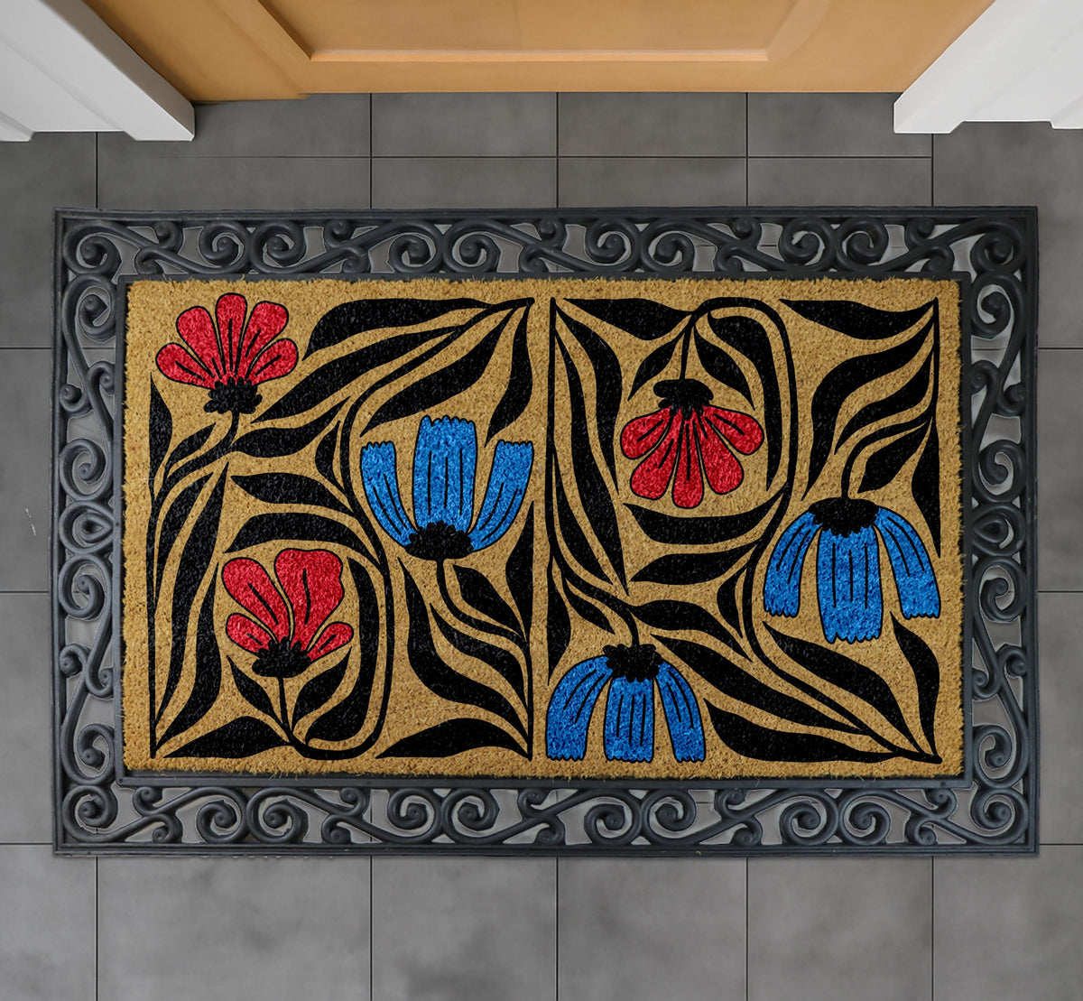 Arts and Crafts Floral Doormat, Flower Garden Decor, Black and White Botanical Welcome Mat