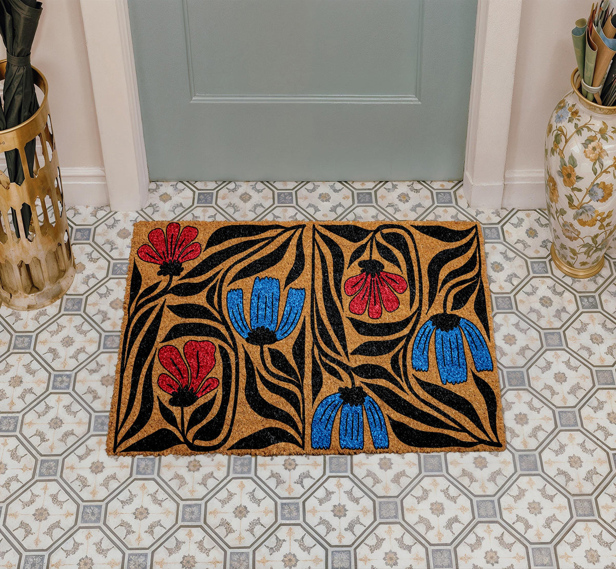 Arts and Crafts Floral Doormat, Flower Garden Decor, Black and White Botanical Welcome Mat