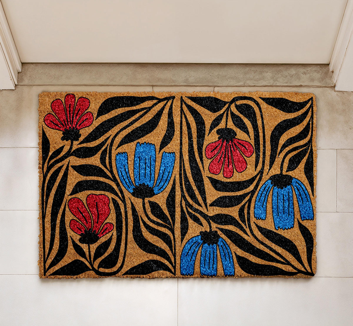 Arts and Crafts Floral Doormat, Flower Garden Decor, Black and White Botanical Welcome Mat