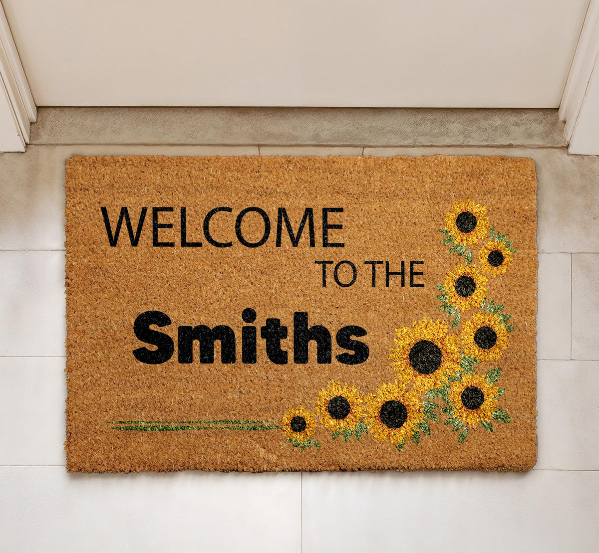Personalized Sunflower Family Name Doormat, Rustic Farmhouse Entryway Rug