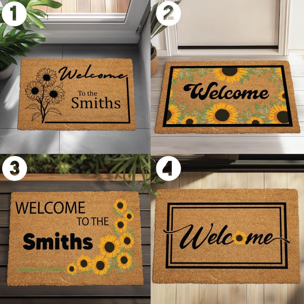 Personalized Sunflower Family Name Doormat, Rustic Farmhouse Entryway Rug