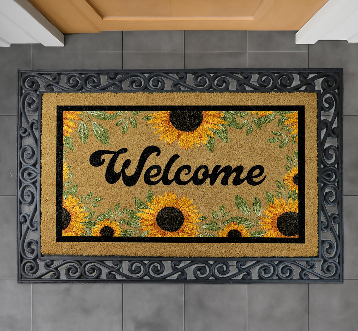Personalized Sunflower Family Name Doormat, Rustic Farmhouse Entryway Rug