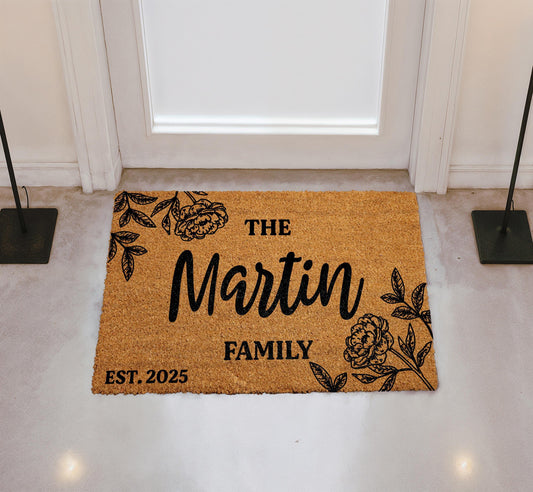 Personalized Family Name & Est Date Doormat, Peony Floral Design Welcome Mat