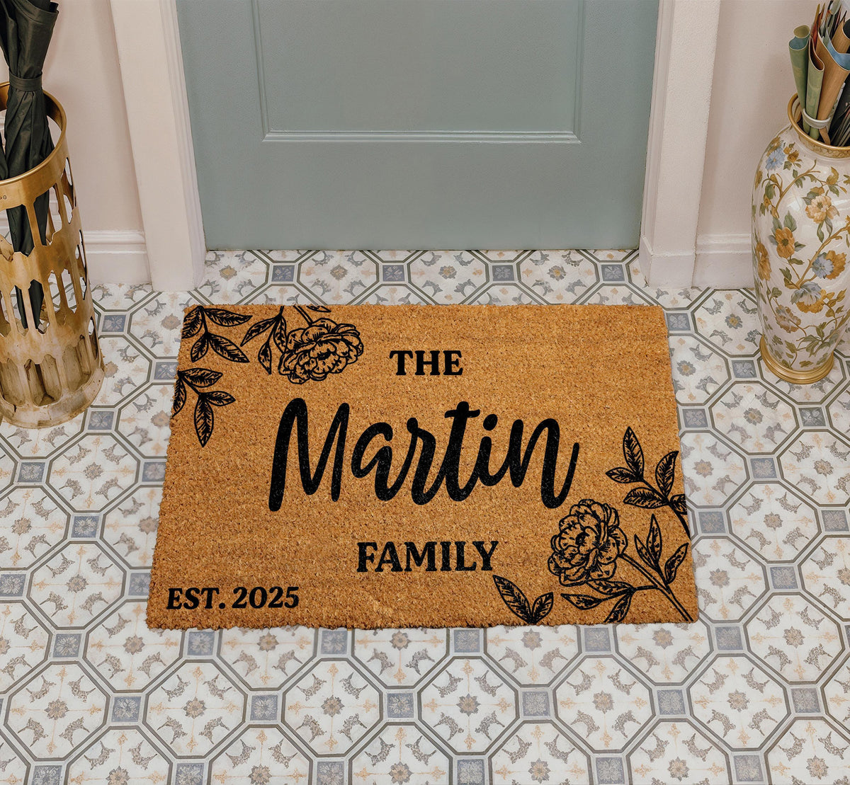 Personalized Family Name & Est Date Doormat, Peony Floral Design Welcome Mat