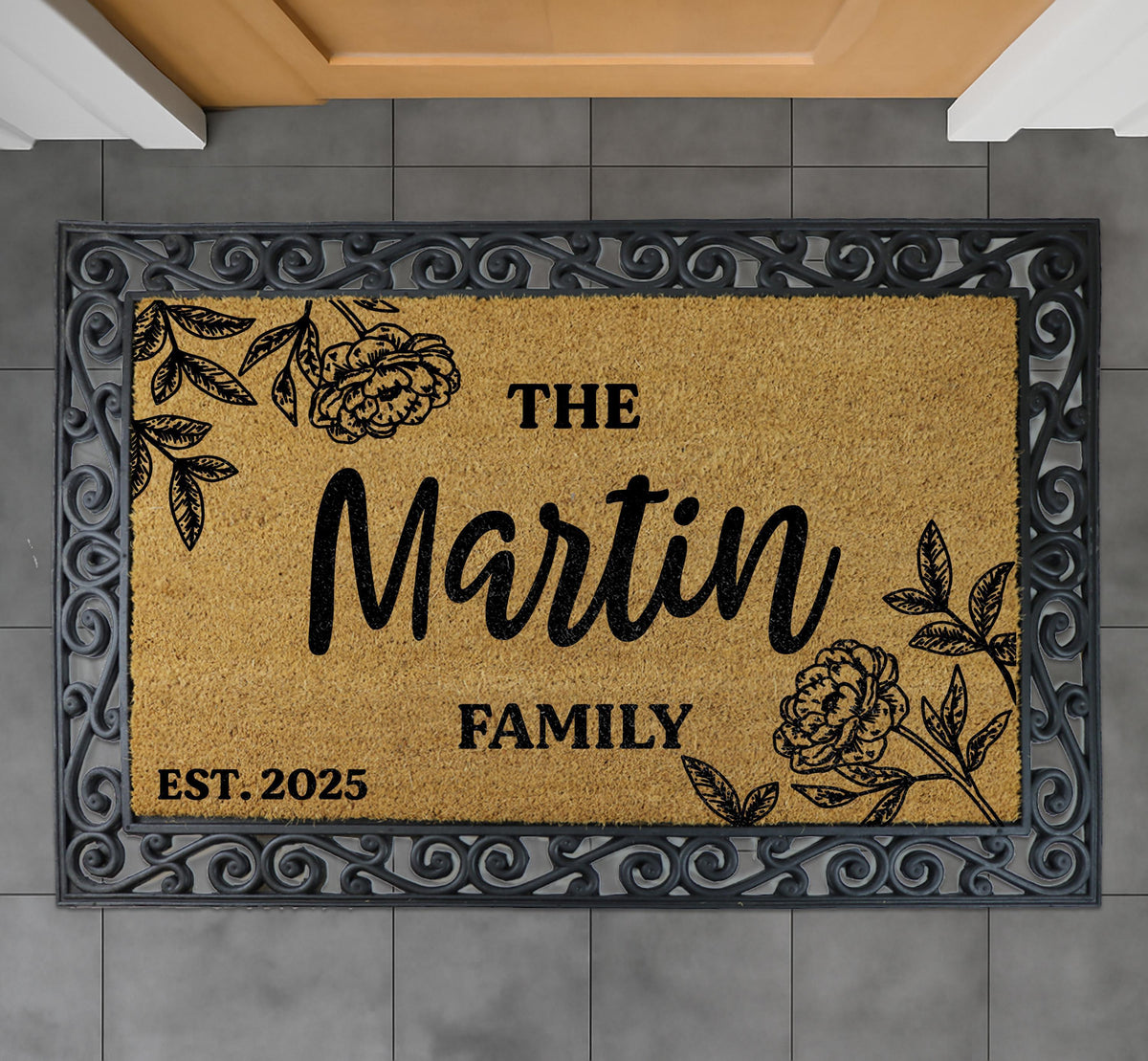 Personalized Family Name & Est Date Doormat, Peony Floral Design Welcome Mat