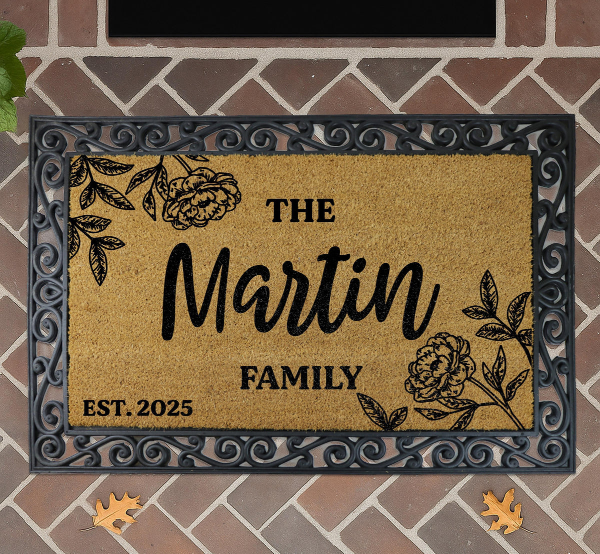 Personalized Family Name & Est Date Doormat, Peony Floral Design Welcome Mat