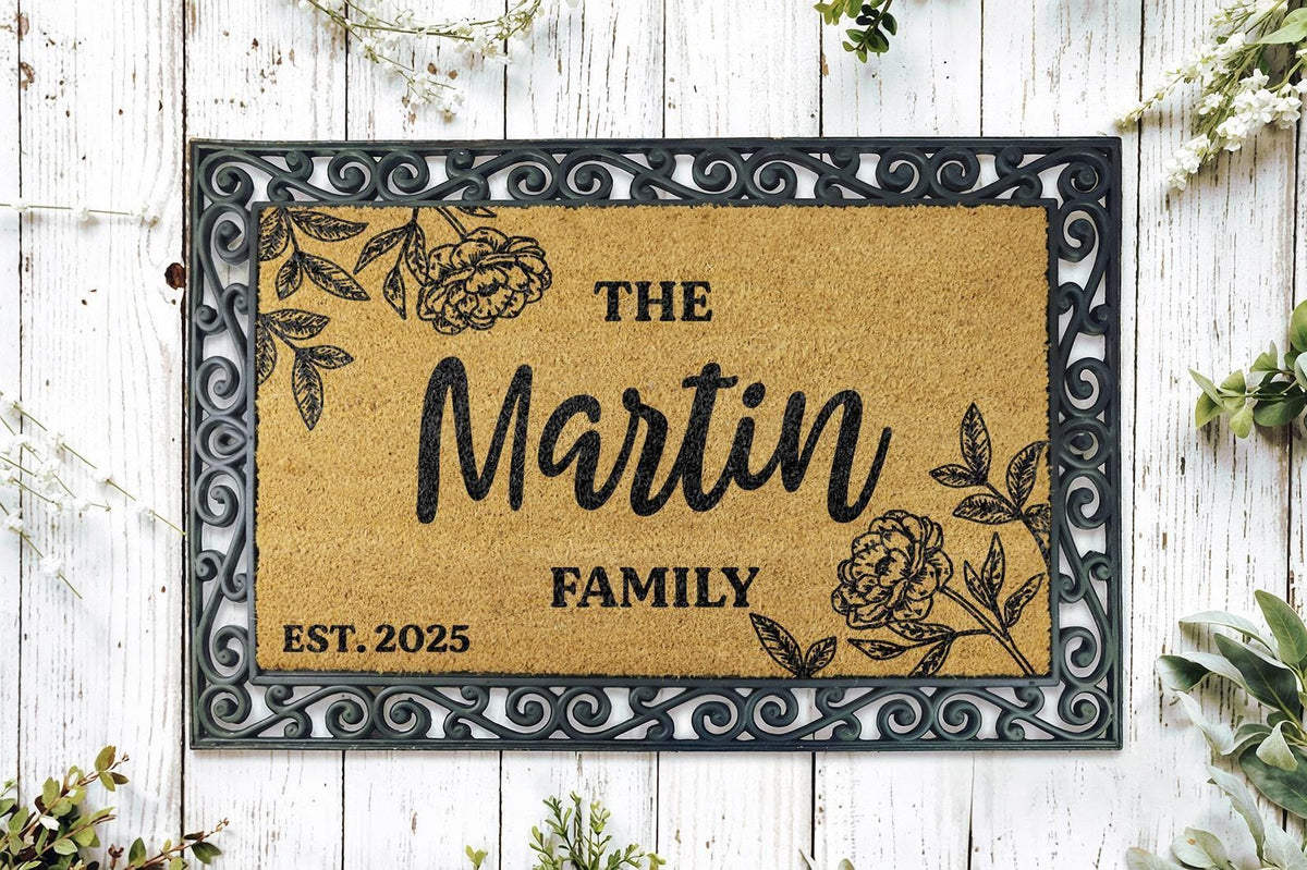 Personalized Family Name & Est Date Doormat, Peony Floral Design Welcome Mat