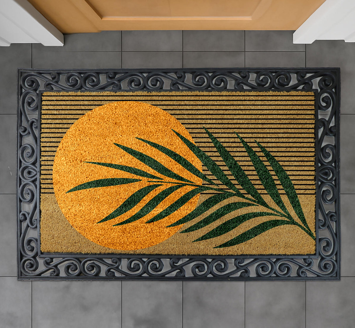 Retro Sun Doormat, Boho Entryway Door Mat, Tropical Coir Mat, Abstract Palm Floor Rug