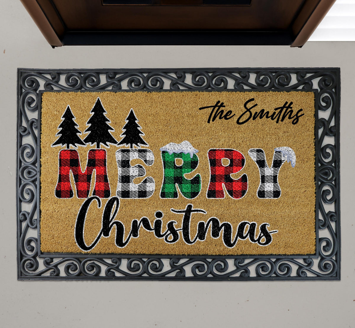 Personalized Merry Christmas Doormat, Custom Family Name Plaid Pattern Welcome Mat