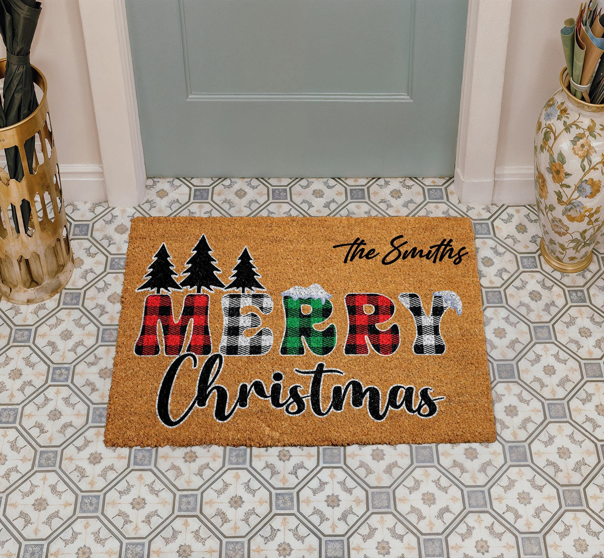 Personalized Merry Christmas Doormat, Custom Family Name Plaid Pattern Welcome Mat