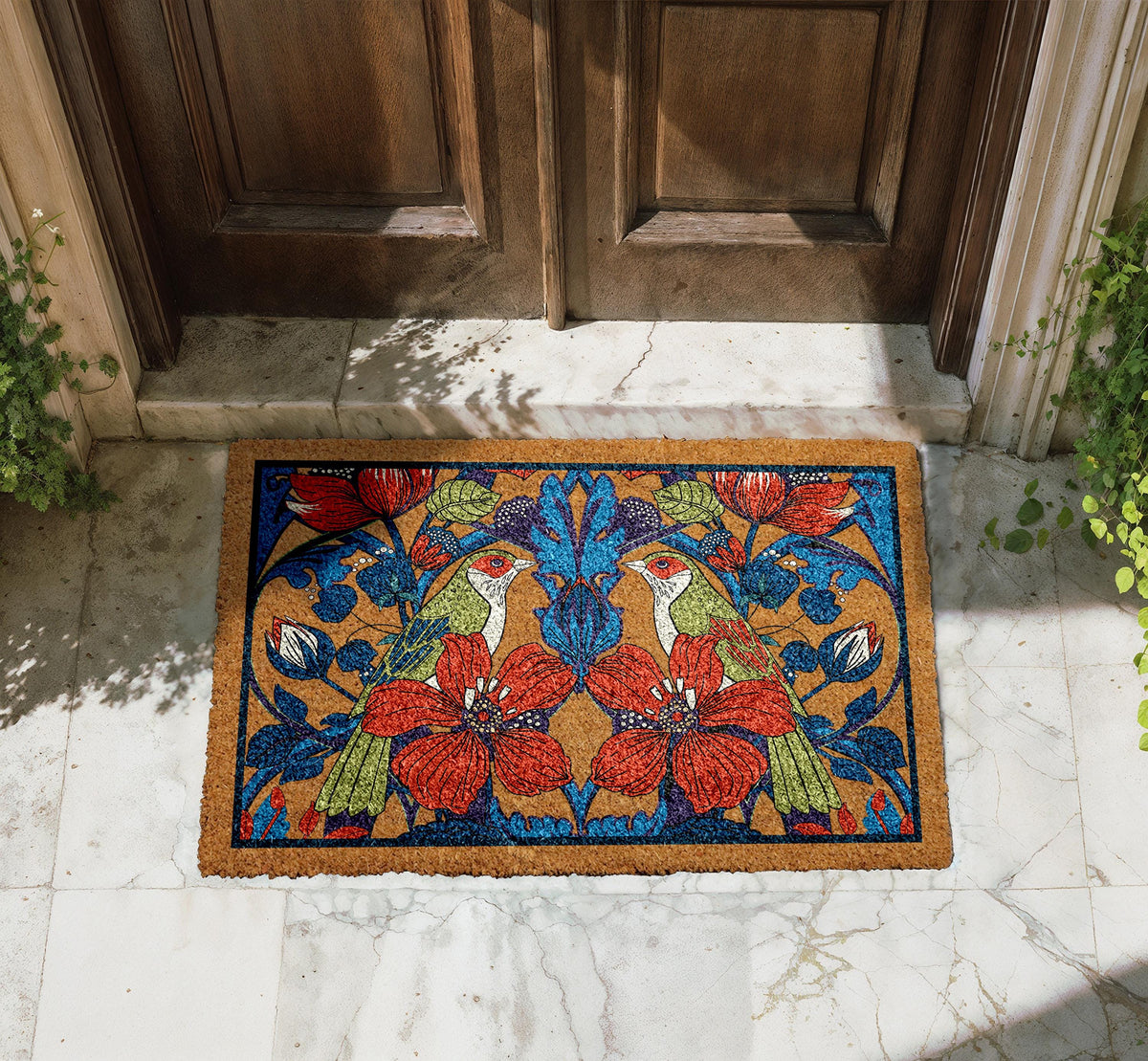 Bird and Floral Doormat, Nature Inspired Entry Rug, Elegant Bird Flower Coco Door Mat