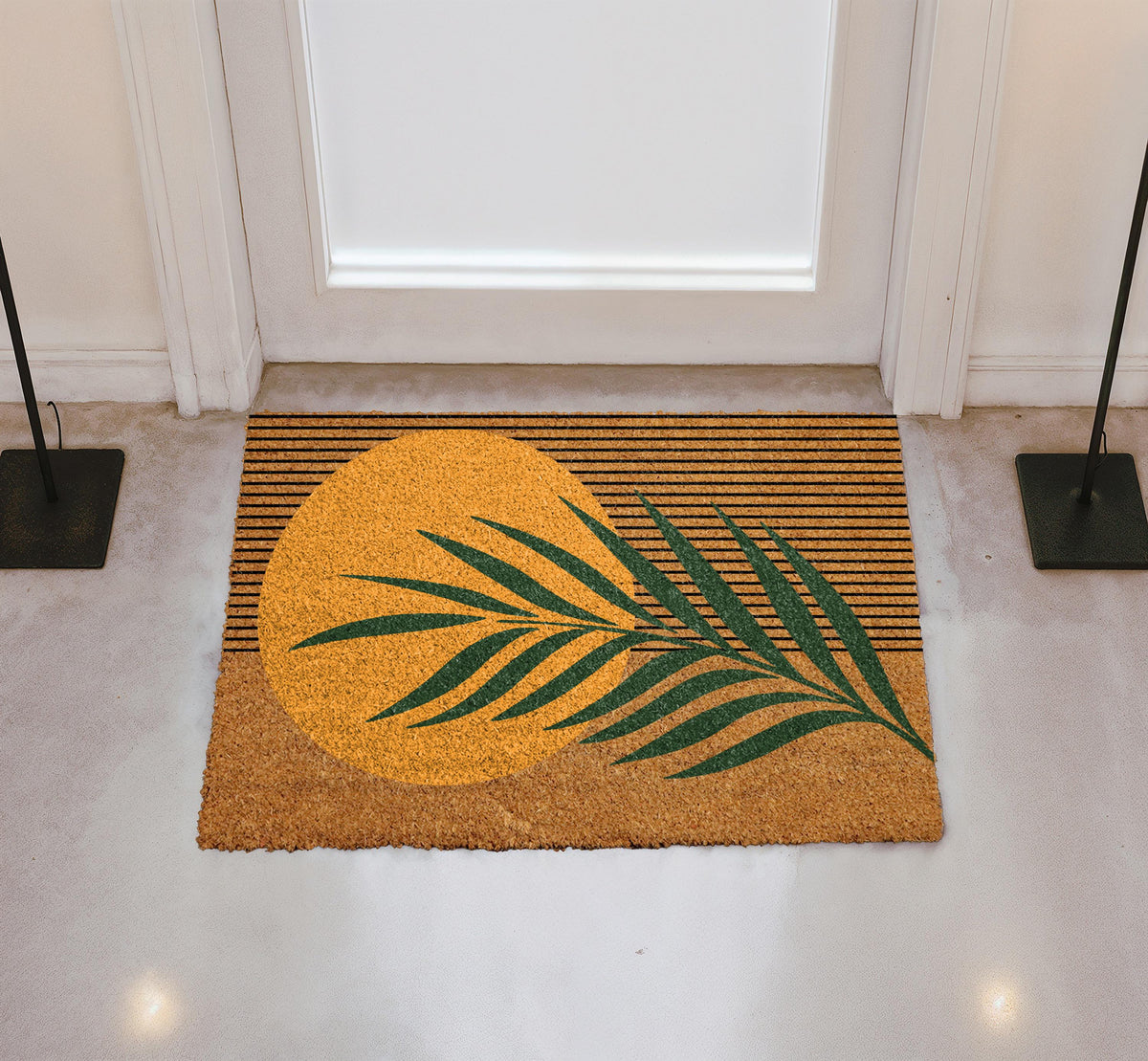 Retro Sun Doormat, Boho Entryway Door Mat, Tropical Coir Mat, Abstract Palm Floor Rug