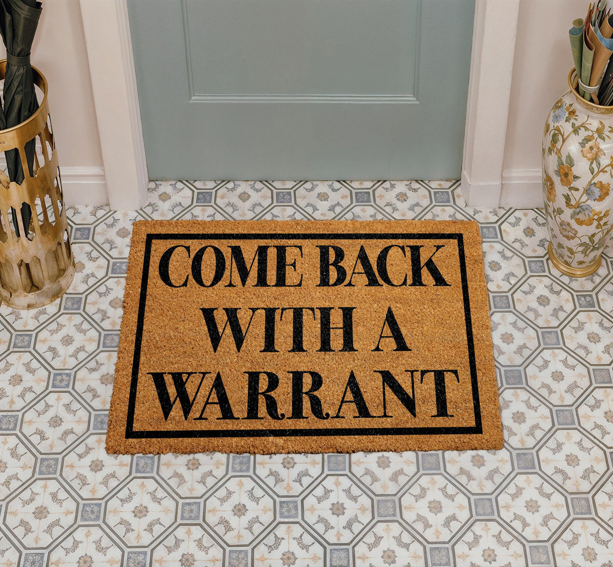 Come Back With A Warrant Doormat, Sarcastic Door Mat: Natural Coir, Humorous Entryway Rug