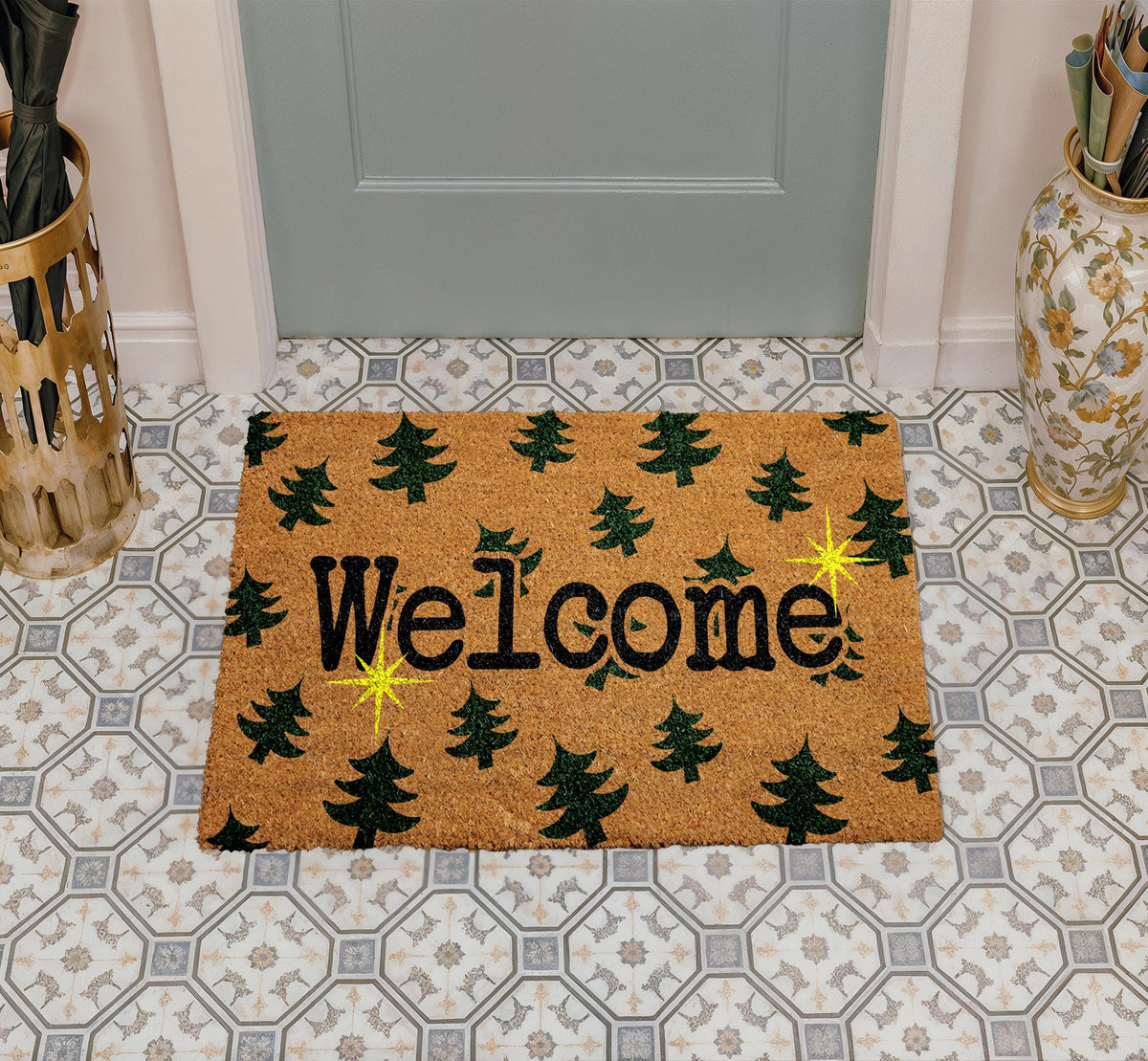 Christmas Tree Welcome Doormat, Sparkle Winter Door Mat, Xmas Trees Home Entrance Decor