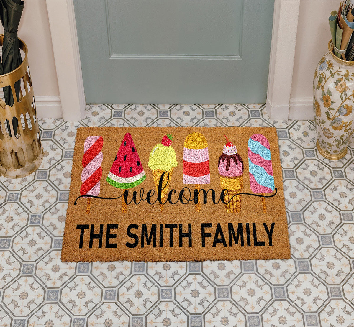 Custom Family Name Coco Doormat, Summer Ice Cream Welcome Mat