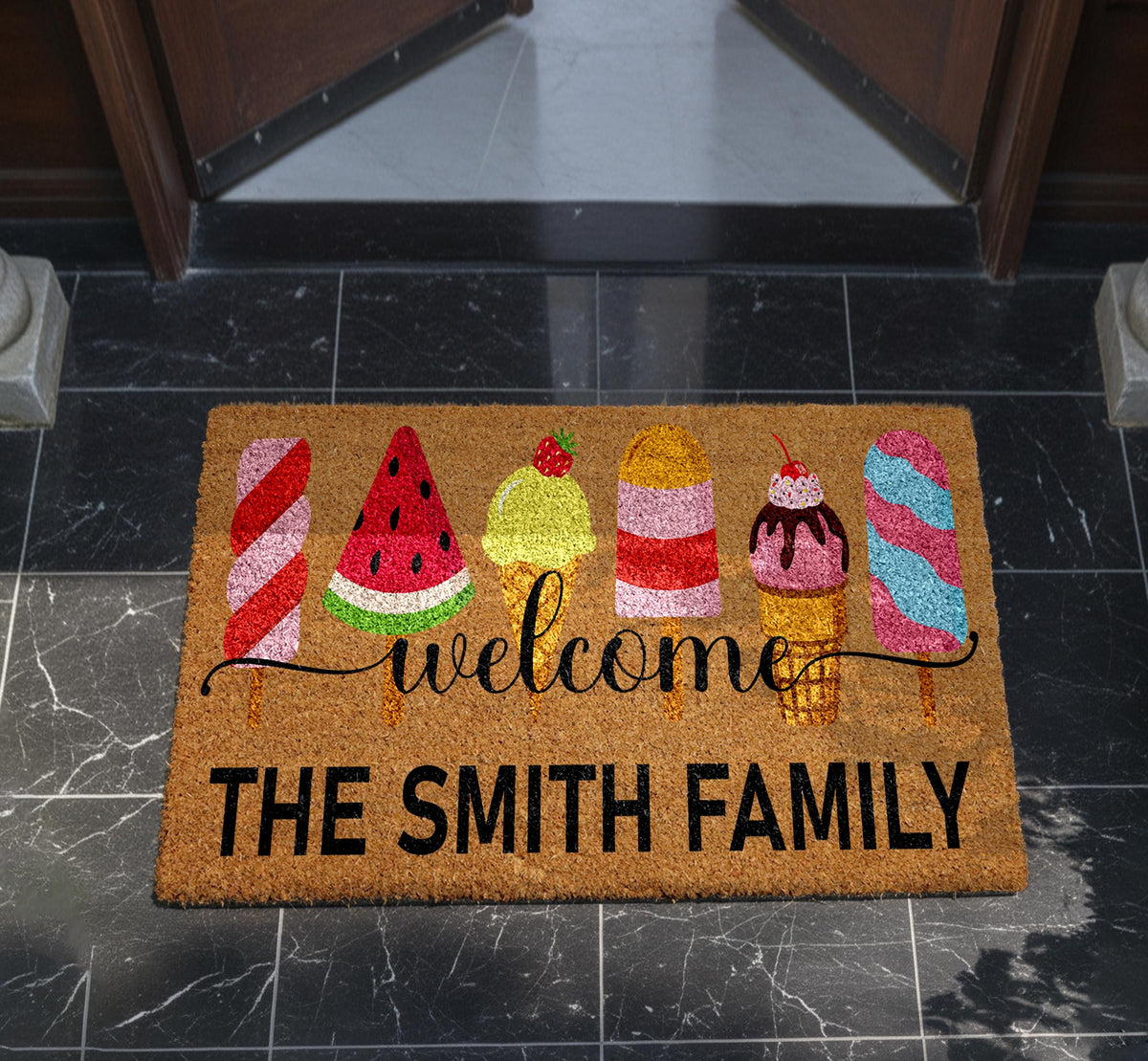 Custom Family Name Coco Doormat, Summer Ice Cream Welcome Mat