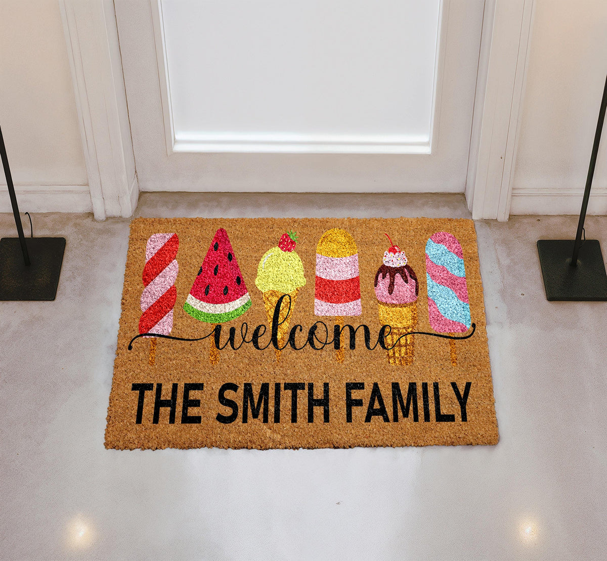 Custom Family Name Coco Doormat, Summer Ice Cream Welcome Mat