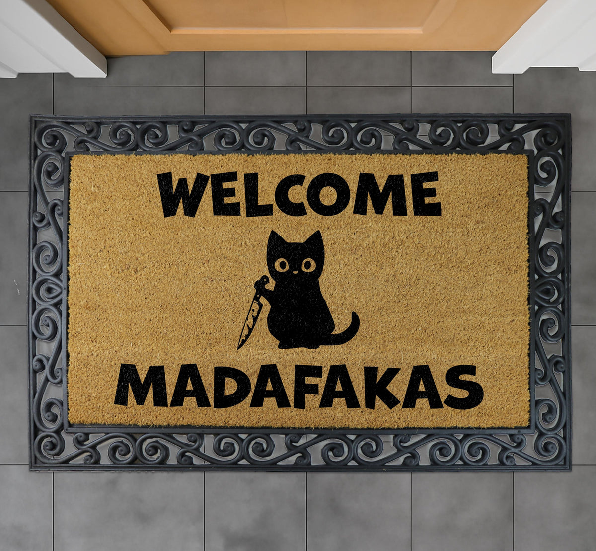Welcome Madafakas Cat Doormat, Funny Cat with Knife Entryway Decor, Humorous Housewarming Gift