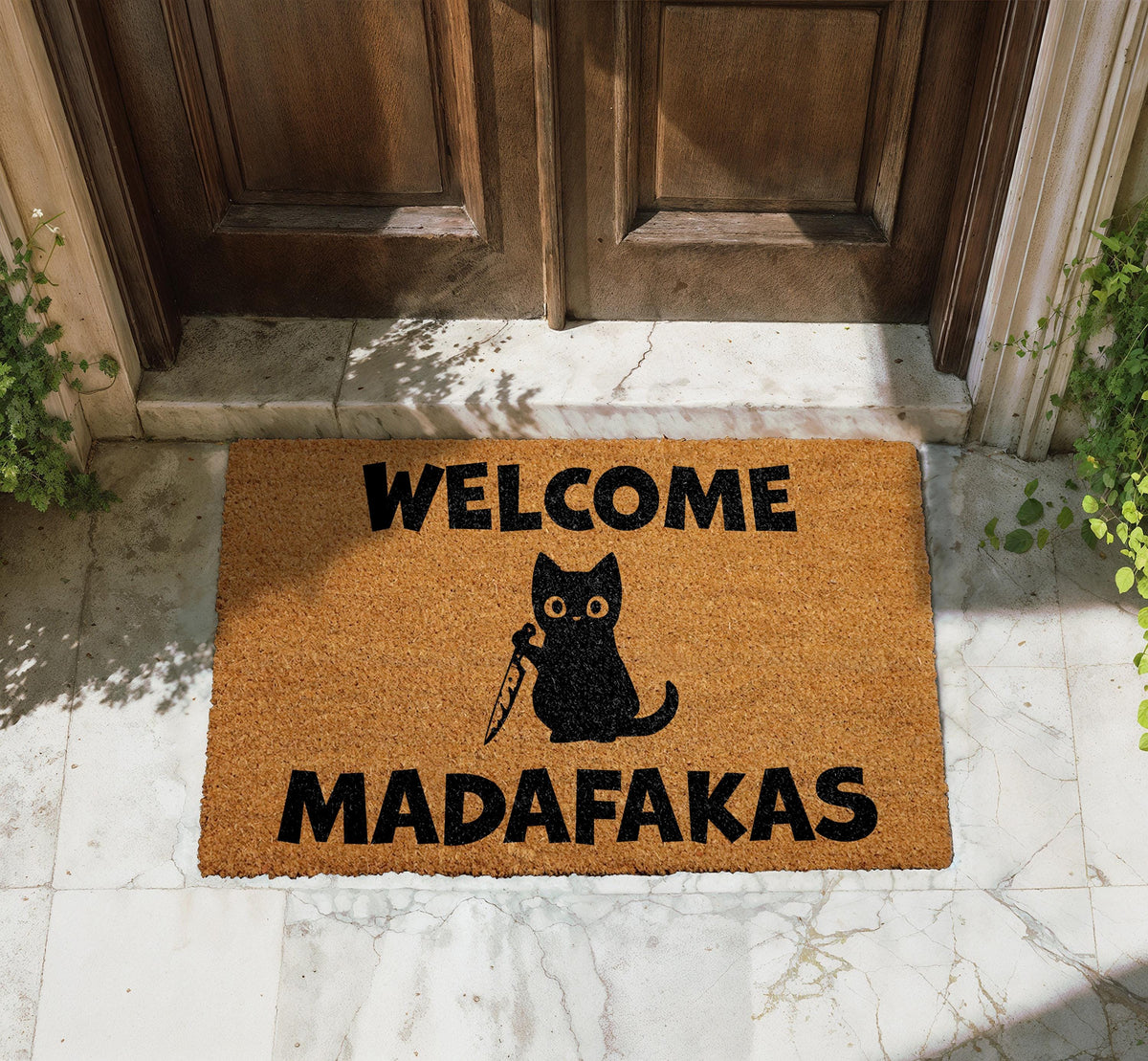 Welcome Madafakas Cat Doormat, Funny Cat with Knife Entryway Decor, Humorous Housewarming Gift
