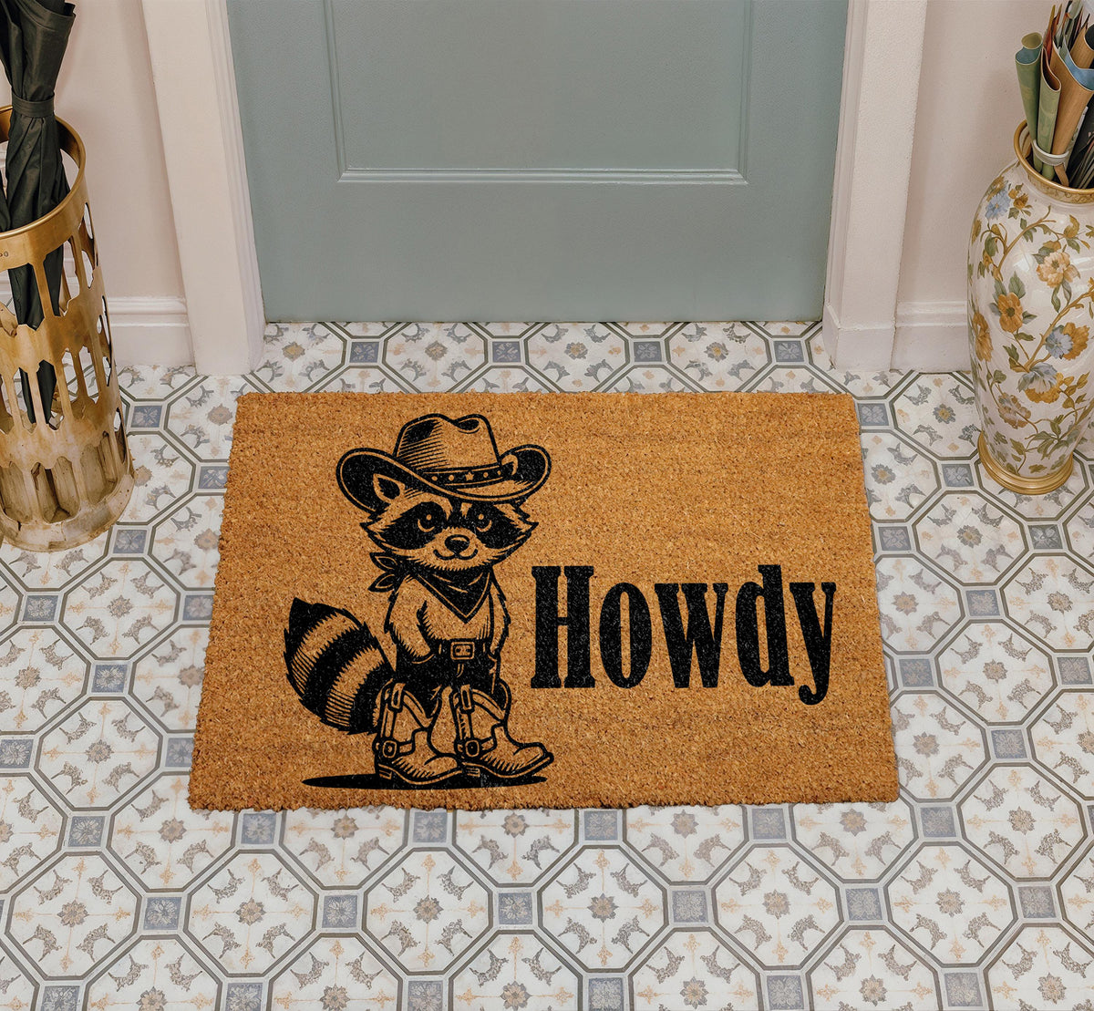 Howdy Raccoon Doormat, Cowboy Raccoon Welcome Mat, Western Animal Door Mat