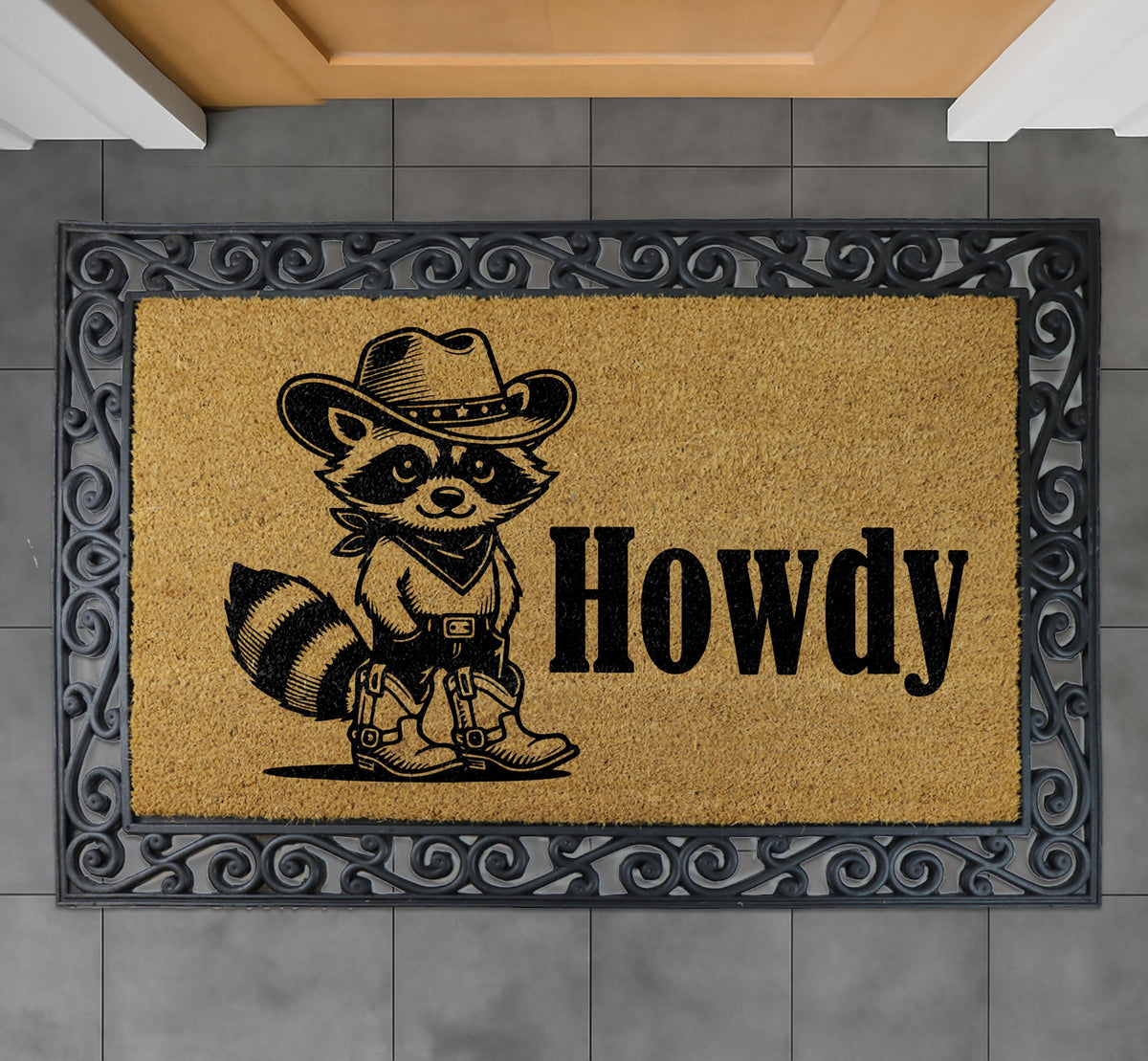 Howdy Raccoon Doormat, Cowboy Raccoon Welcome Mat, Western Animal Door Mat