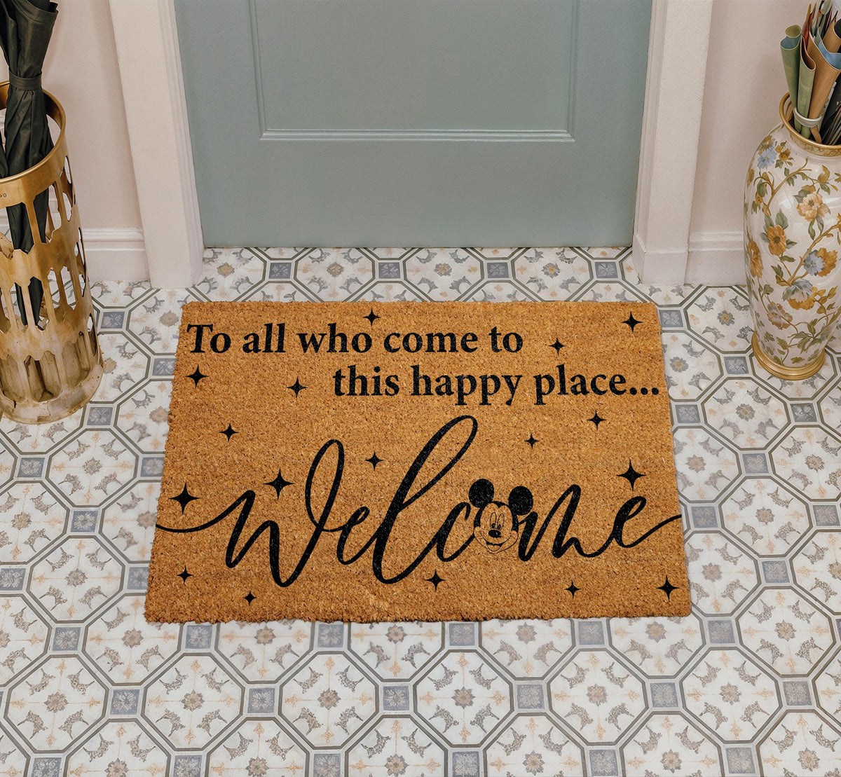 Cartoon Mouse Happy Place Doormat, Magical Home Decor, Cute Welcome Mat, Coir Entry Rug