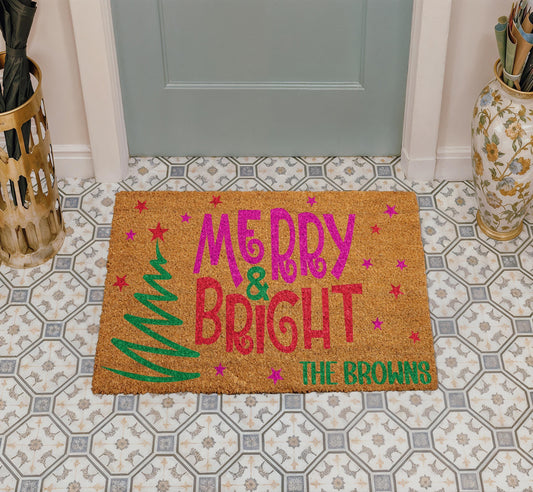 Personalized Merry & Bright Doormat, Custom Family Name Christmas Door Mat