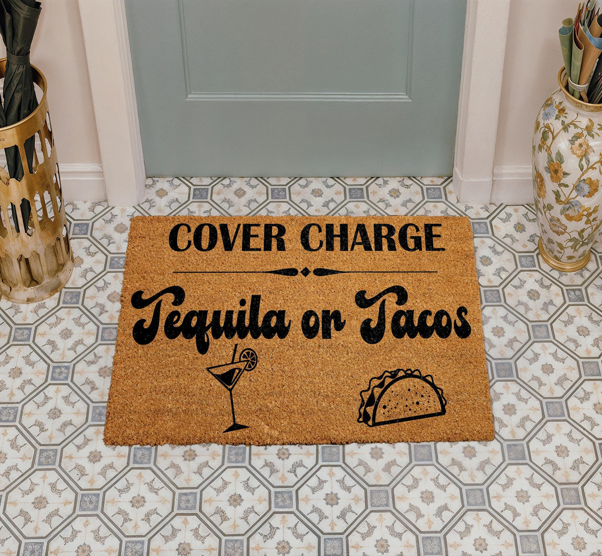 Cover Charge Tacos Tequila Doormat, Fiesta Welcome Mat, Mexican Entrance Decor