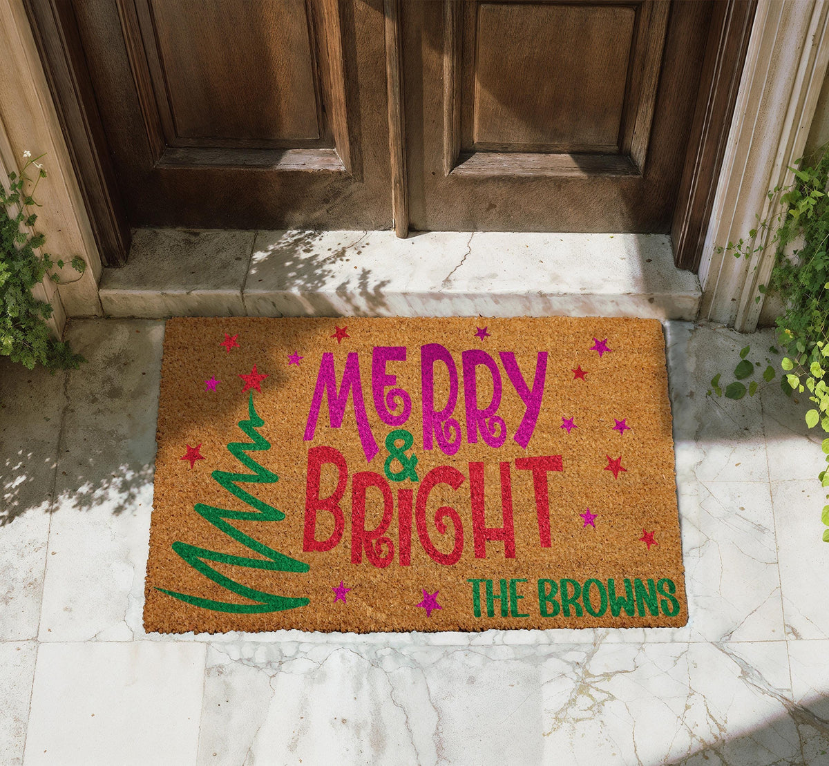 Personalized Merry & Bright Doormat, Custom Family Name Christmas Door Mat