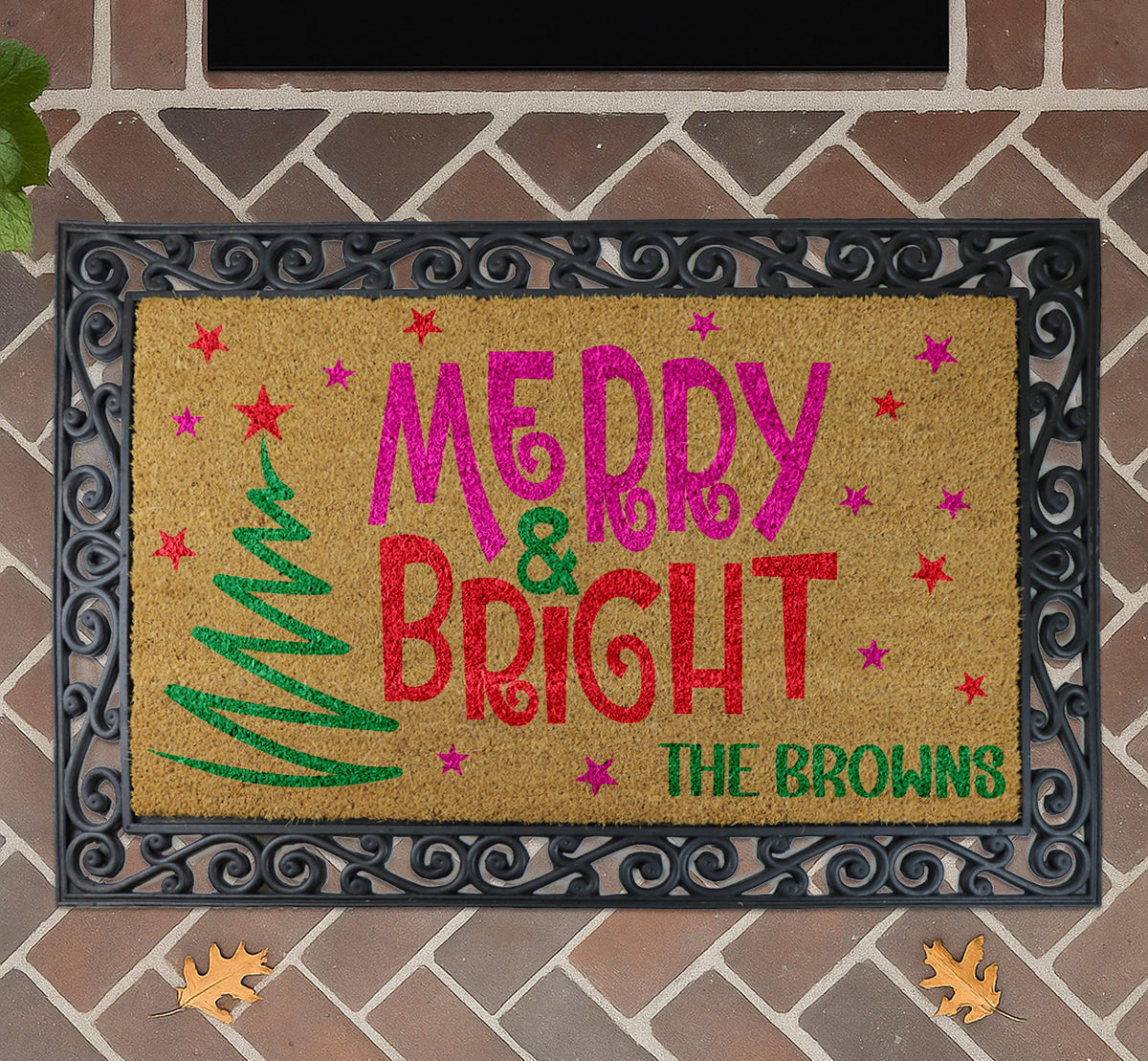 Personalized Merry & Bright Doormat, Custom Family Name Christmas Door Mat