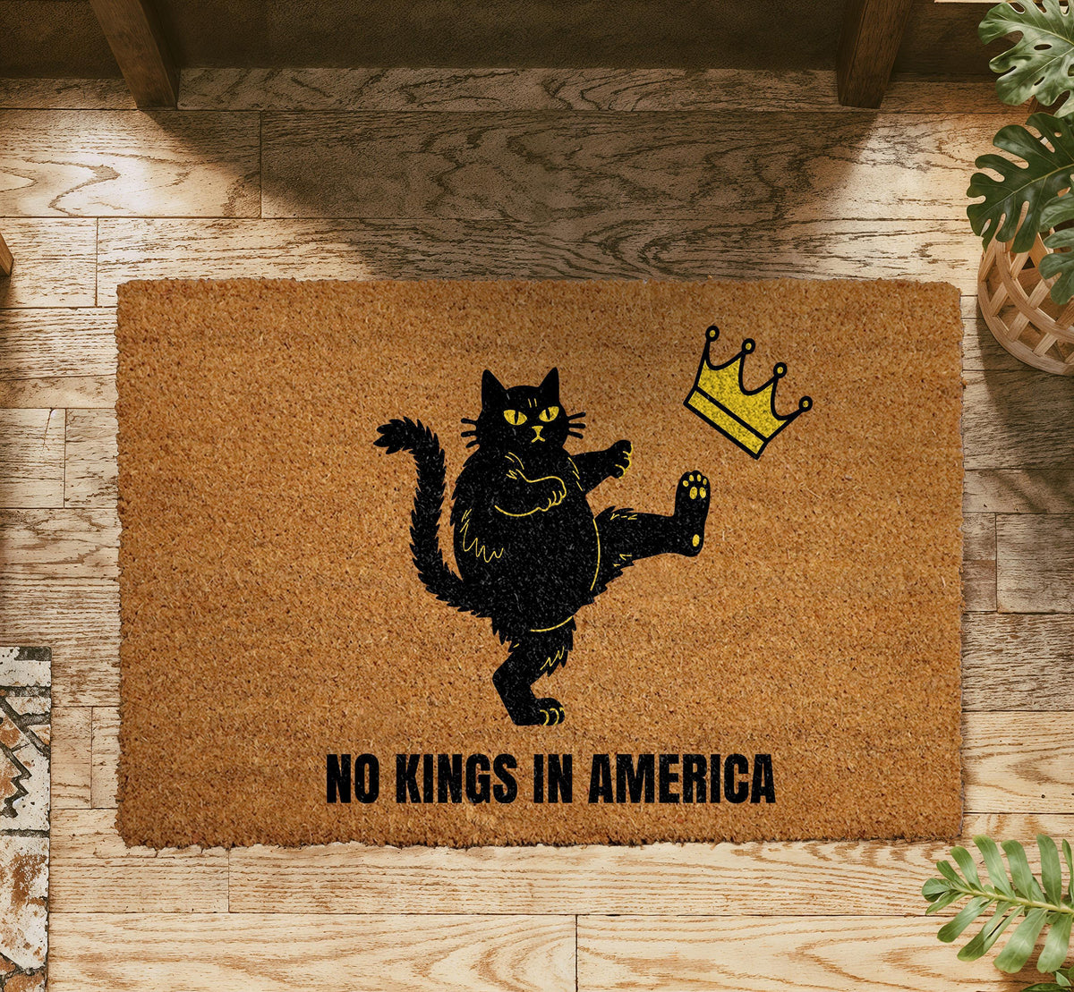 No Kings in America Doormat, Anti Monarchy Welcome Mat, Kick the Crown Home Entrance Decor