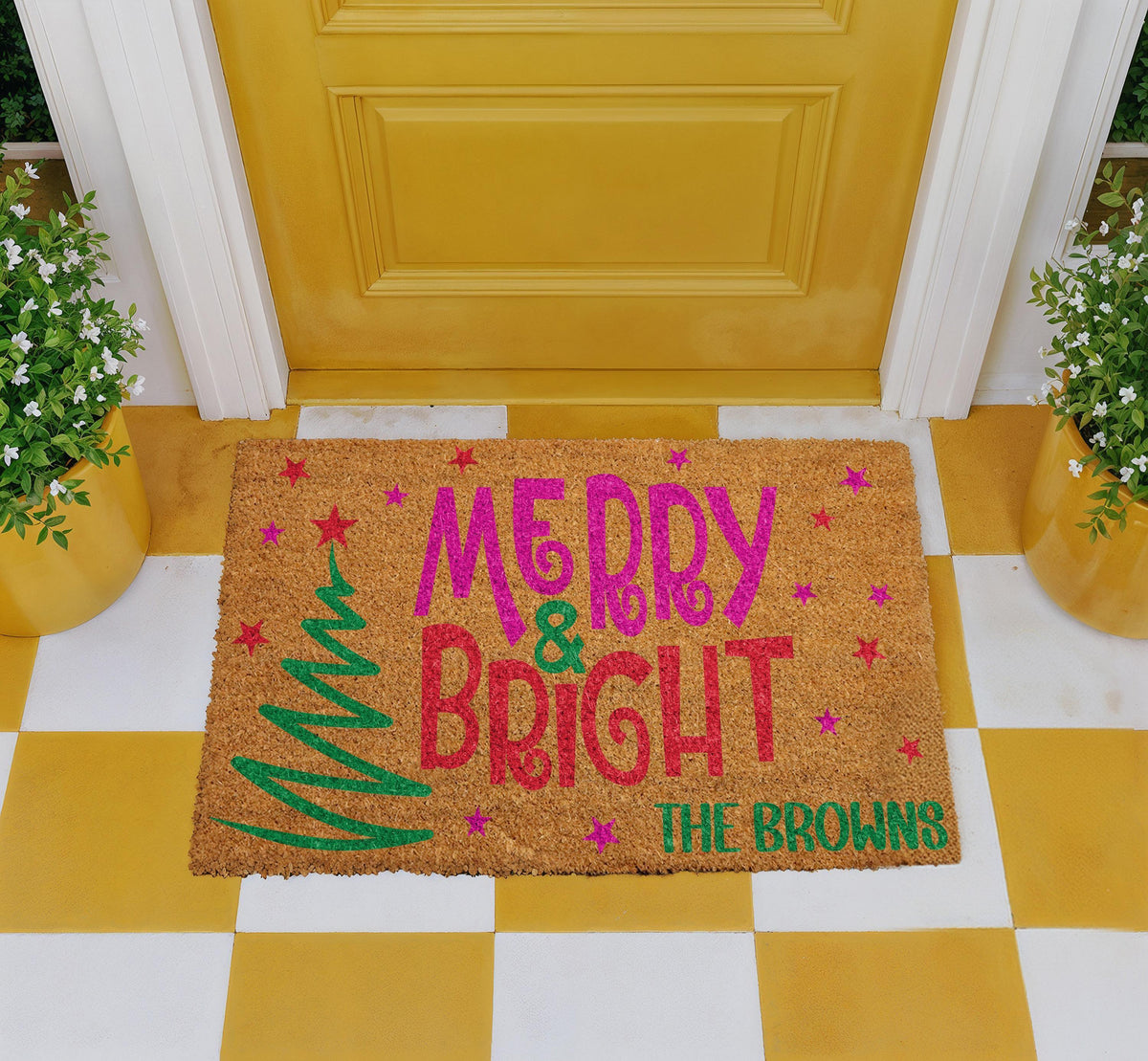 Personalized Merry & Bright Doormat, Custom Family Name Christmas Door Mat
