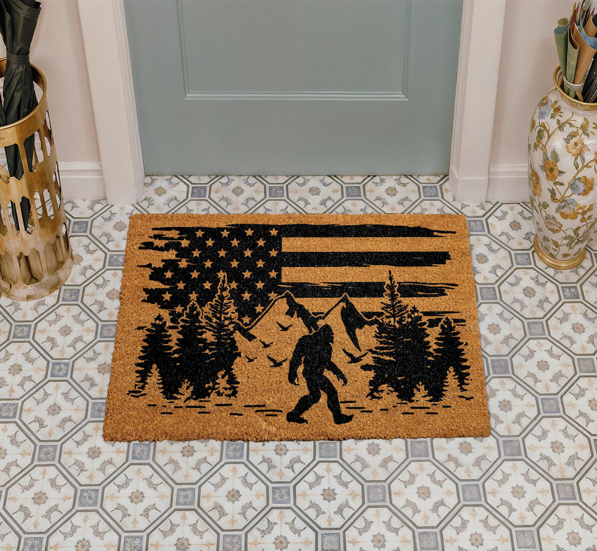 Bigfoot Doormat, American Flag Welcome Mat, Sasquatch Front Porch Mat, Mythical Creature Decor