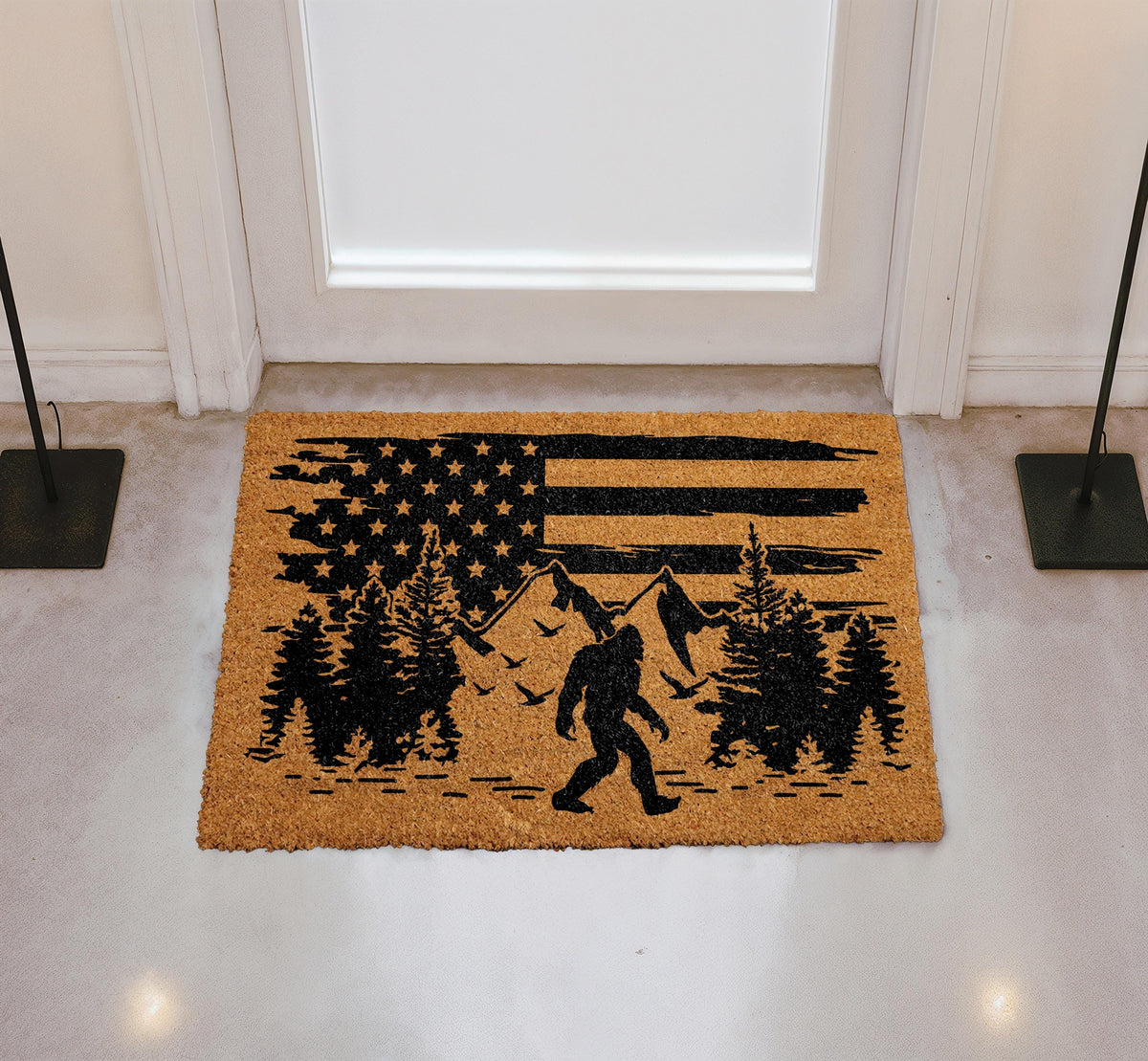 Bigfoot Doormat, American Flag Welcome Mat, Sasquatch Front Porch Mat, Mythical Creature Decor