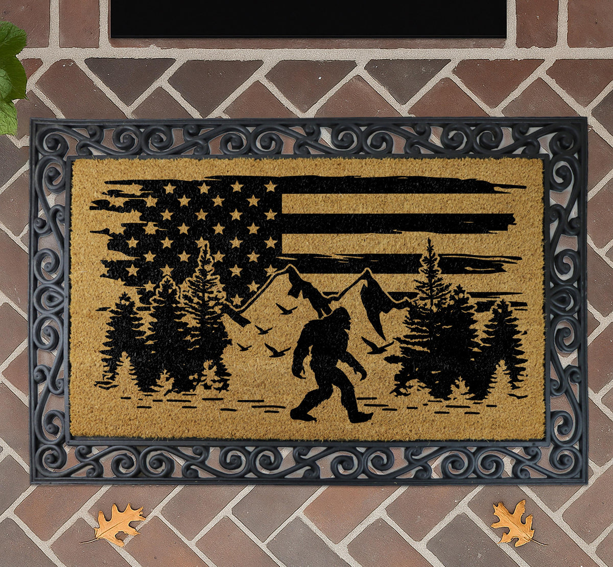 Bigfoot Doormat, American Flag Welcome Mat, Sasquatch Front Porch Mat, Mythical Creature Decor