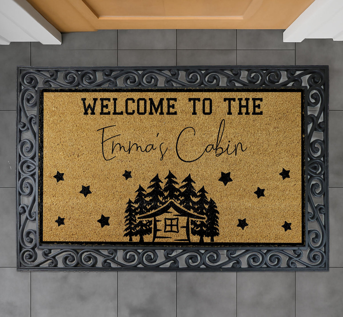 Personalized Cabin Doormat, Custom Name Welcome To Cabin Mat, Pine Tree Cabin Decor
