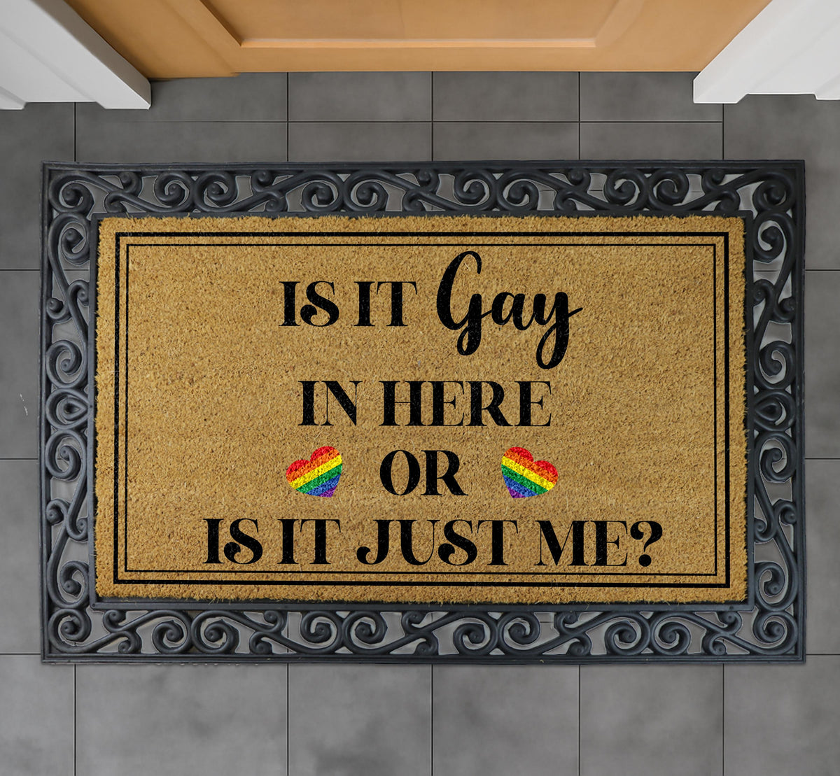 Is It Gay In Here Doormat, LGBTQ Pride Welcome Mat, Rainbow Heart Front Porch Decor