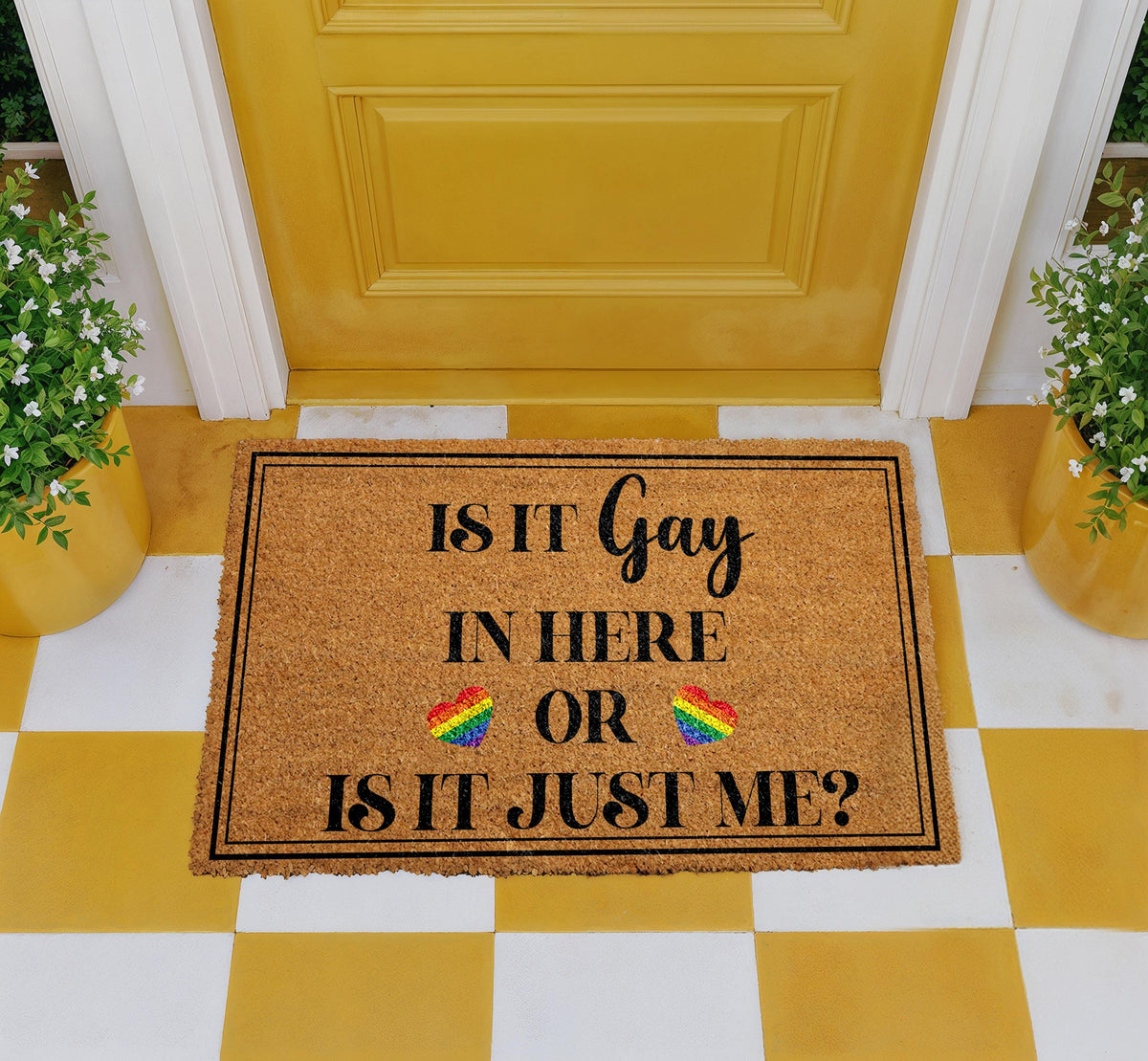 Is It Gay In Here Doormat, LGBTQ Pride Welcome Mat, Rainbow Heart Front Porch Decor