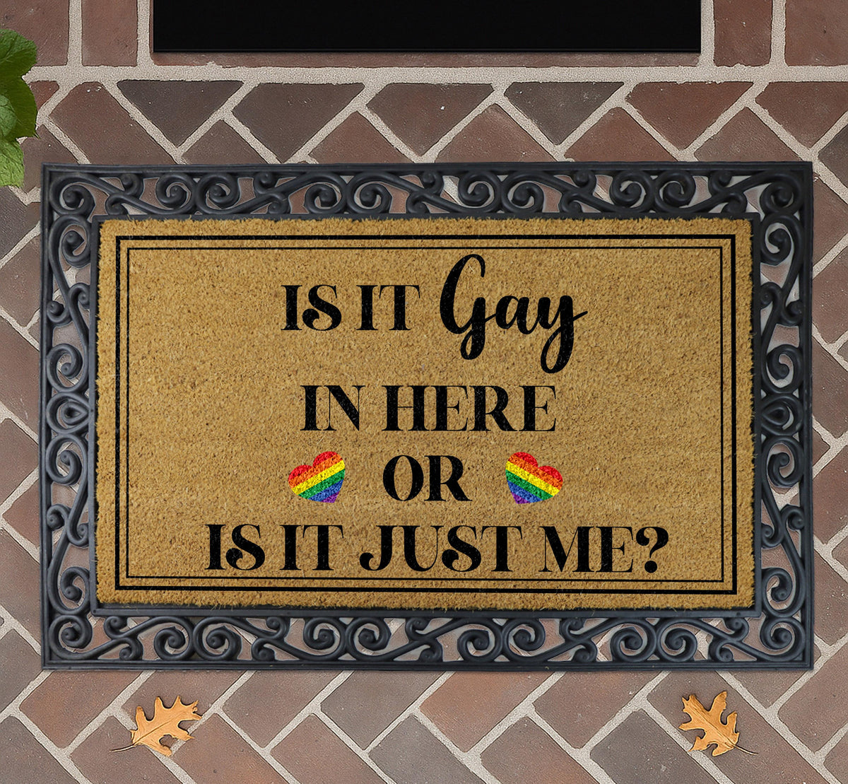 Is It Gay In Here Doormat, LGBTQ Pride Welcome Mat, Rainbow Heart Front Porch Decor