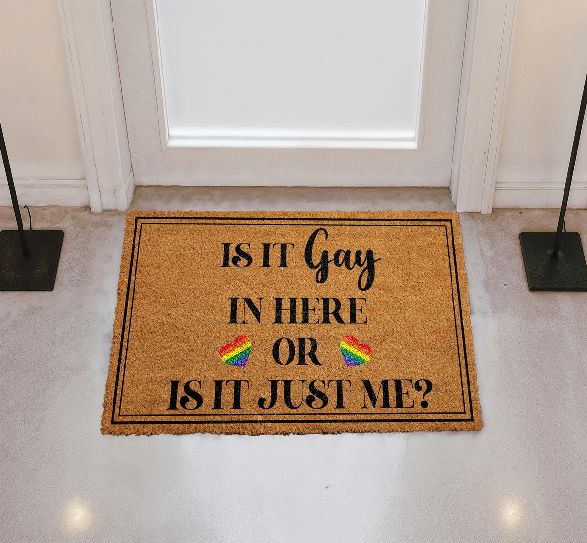 Is It Gay In Here Doormat, LGBTQ Pride Welcome Mat, Rainbow Heart Front Porch Decor
